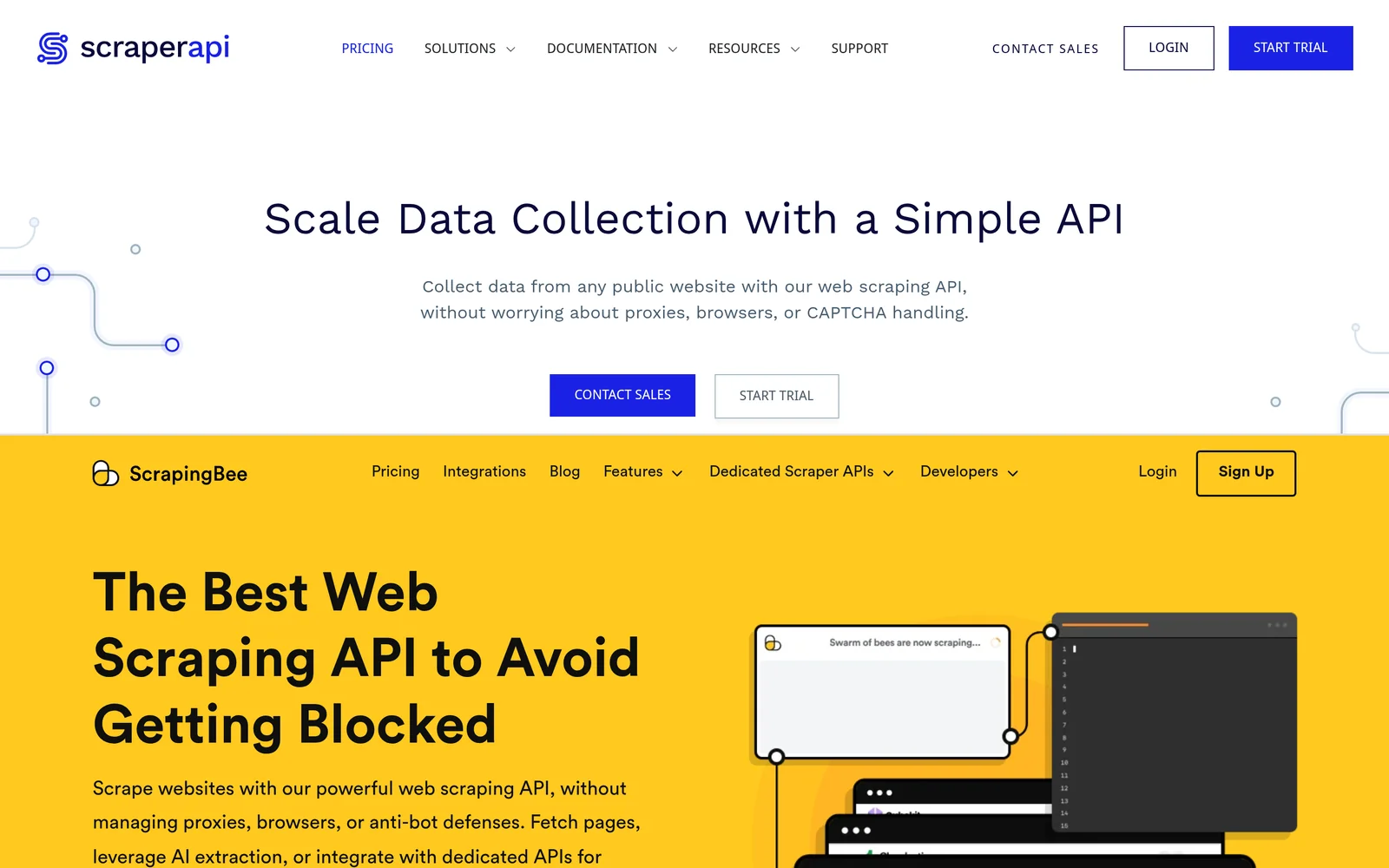 ScraperAPI and ScrapingBee homepages
