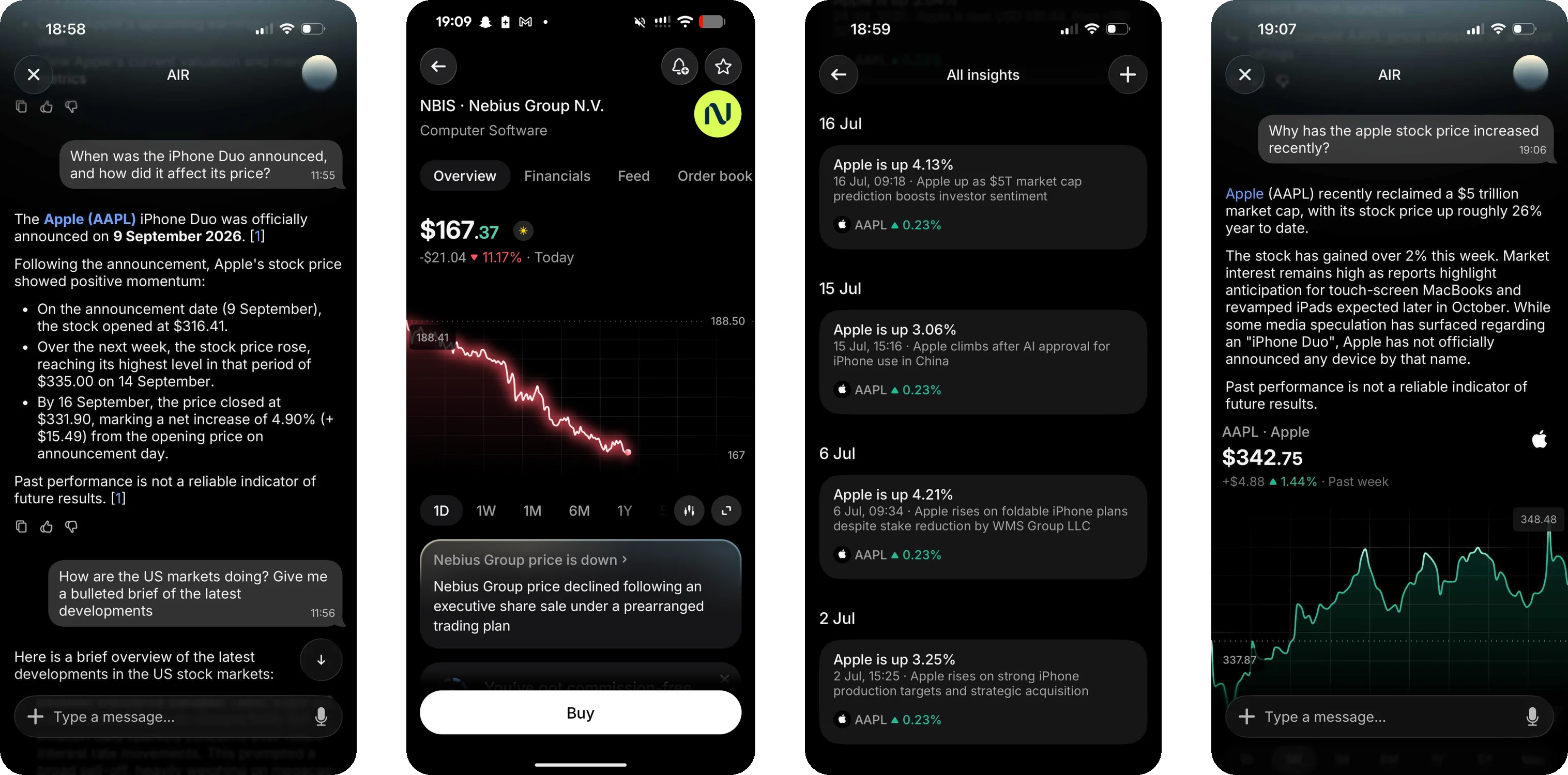 Revolut app screens showing price-move insights and AIR answers powered by Exa