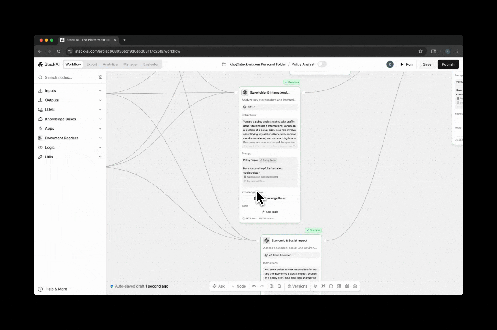 StackAI workflow execution showing real-time results