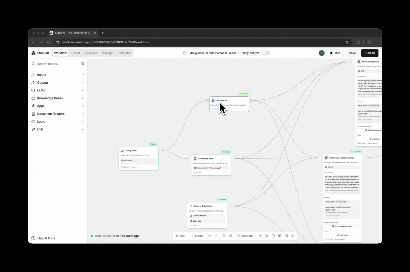 StackAI workflow builder showing Exa nodes